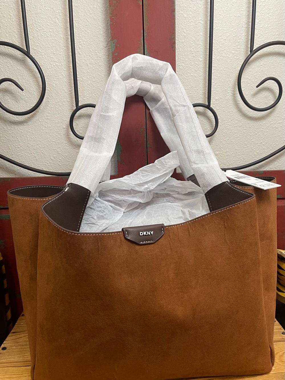 NWT DKNY Willa Tote in Saddle / Brown Faux Suede (Style R53AMG32)